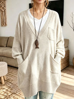 Women Oversized V‑Neck Multi‑Pocket Loose Long Knit Sweater