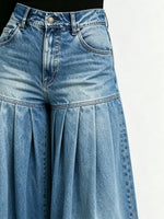 Women Solid Washed Denim Spliced Pleated Wide Leg Pants