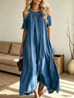 Women's Cold-Shoulder Frayed Denim Maxi Dress