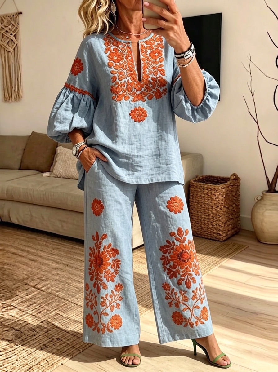 Women Boho Floral Embroidery Puff Sleeve Top & Wide Leg Pants Two Piece Set