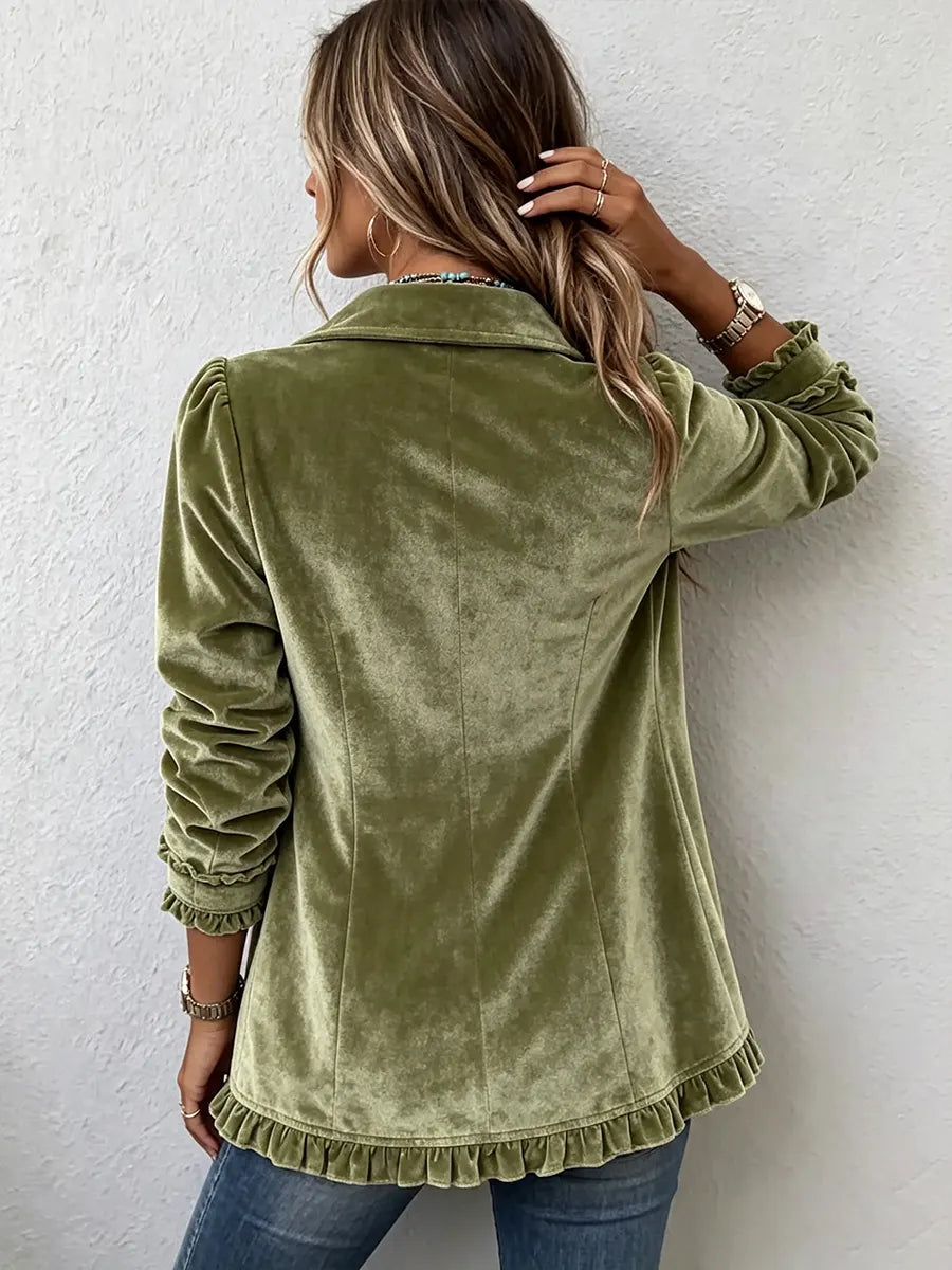 Women's Vintage Elegant Collared Ruffle Velvet Coat