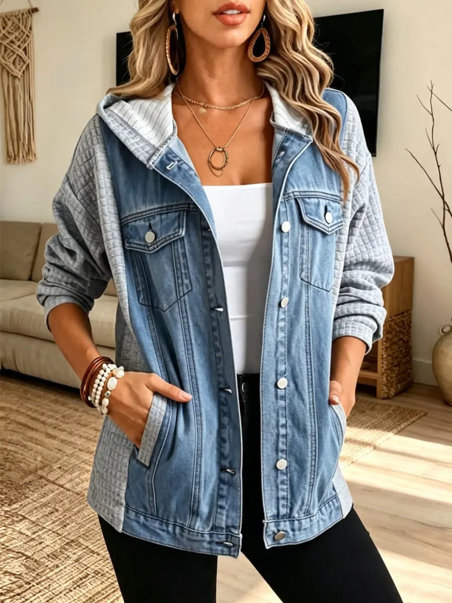 Retro Long Sleeve Hooded Casual Stylish Waffle Denim Patchwork Coat