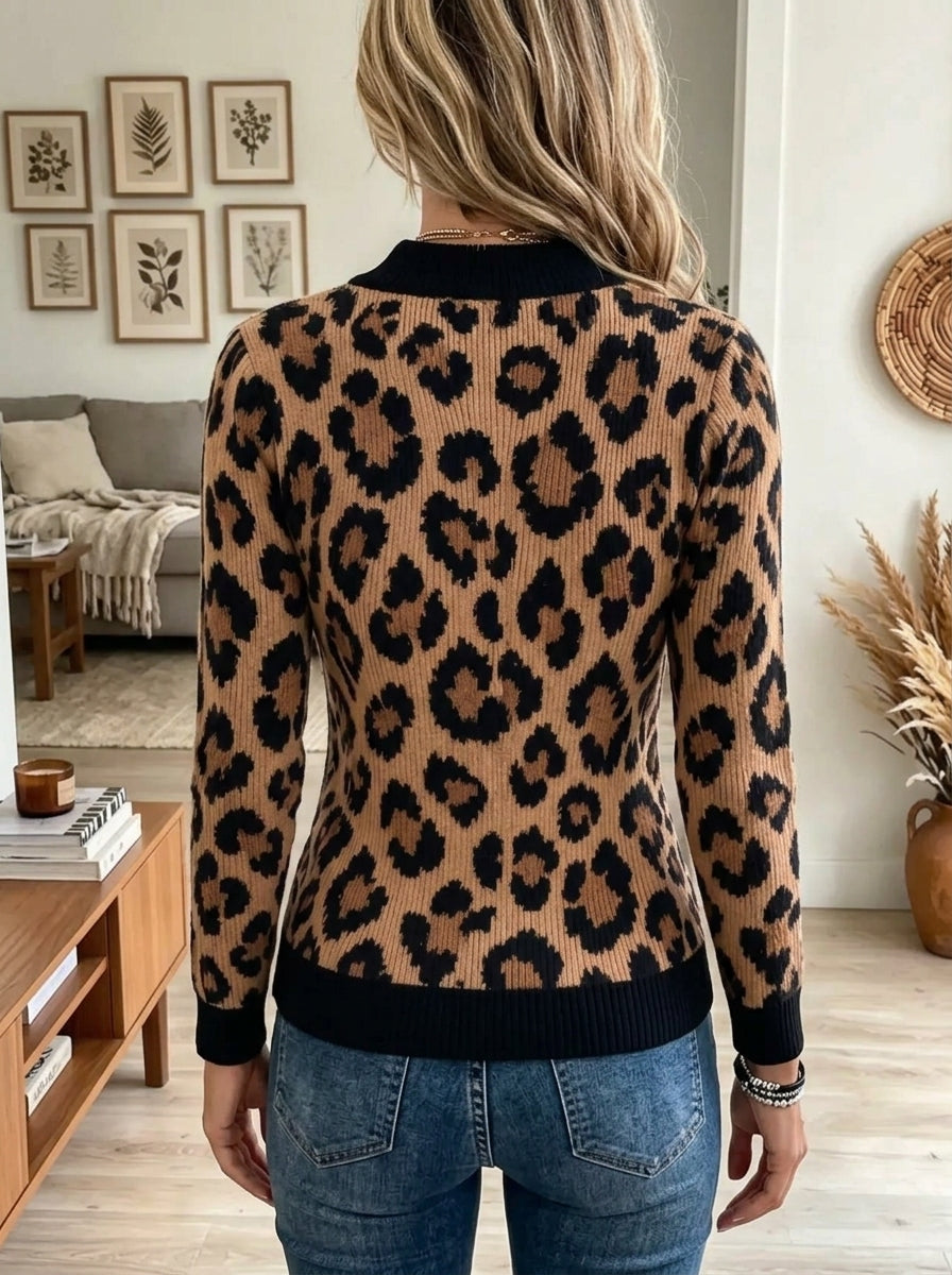 Women's Leopard Print Full-Zip Ribbed Knit Jacket