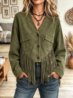 Vintage Elegant Suede Patchwork Tassel Button Shirt