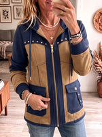 Women's Studded Hooded Jacket - Western Colorblock Zip-Up Utility Coat