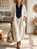 Women's Off-White Ribbed Knit Long Cardigan Dress with Contrast Denim Collar