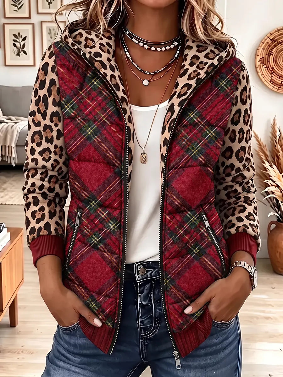 Vintage Elegant Leopard Print Patchwork Quilted Winter Jacket