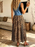 Women Denim Leopard Patchwork Overall Maxi Dress Sleeveless Boho Suspender Dress
