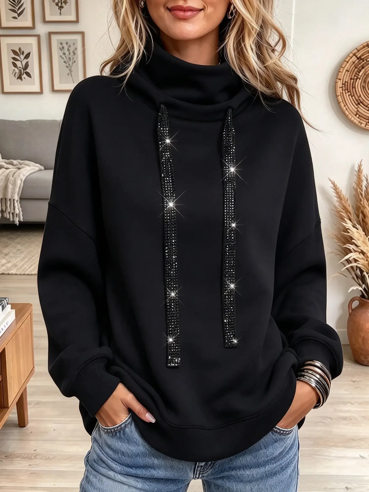 Women's Rhinestone Drawstring Cowl Neck Hoodie
