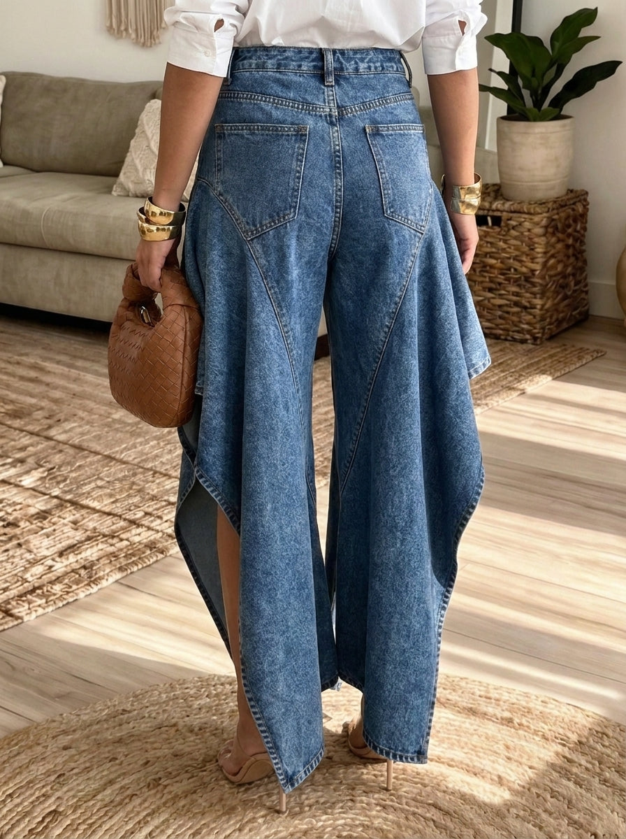 Women High Waist Irregular Split Flared Denim Pants Patchwork Wide Leg Jeans