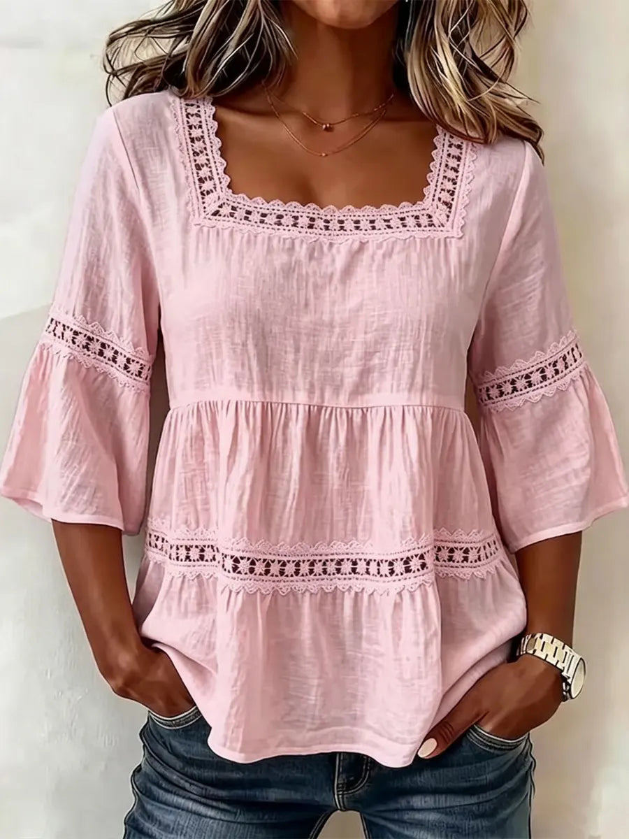 Retro Elegant Lace Floral Hollow Square Collar Casual Stylish Cotton Shirt