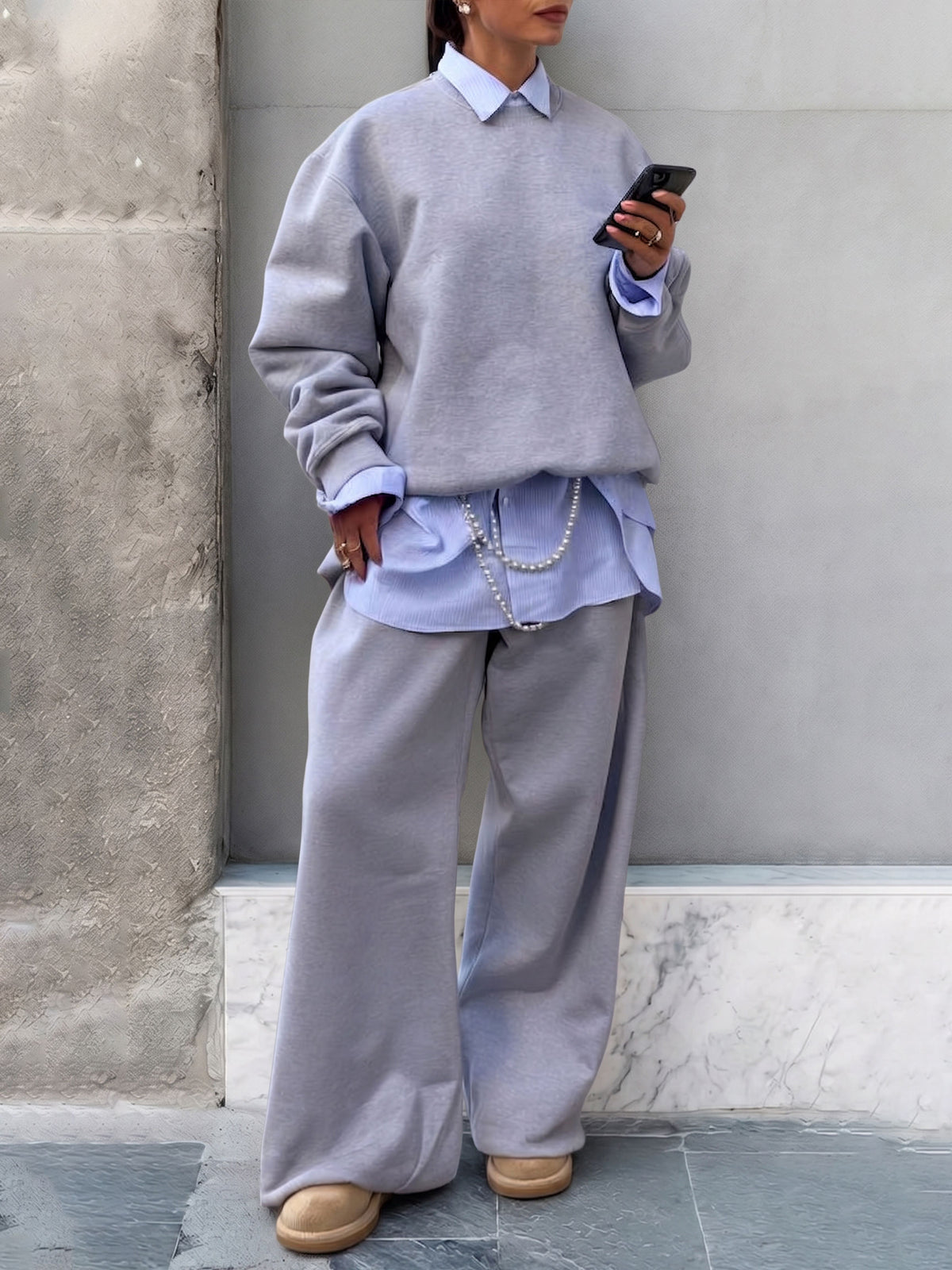 Women 2 Piece Outfit Oversized Crew Neck Sweatshirt Wide Leg Sweatpants Tracksuit Set