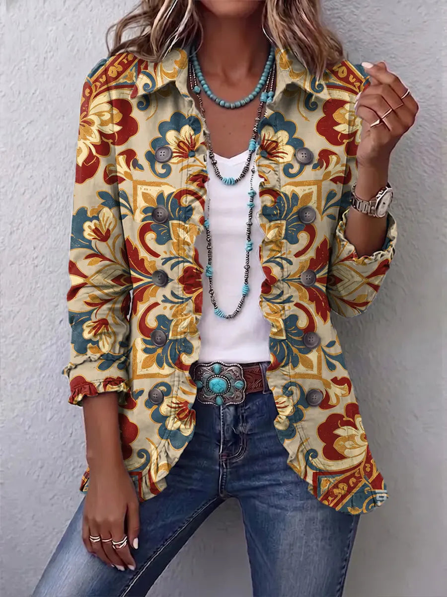 Retro Floral Pattern Art Print Ruffle Casual Stylish Cotton Lapel Coat