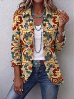 Retro Floral Pattern Art Print Ruffle Casual Stylish Cotton Lapel Coat