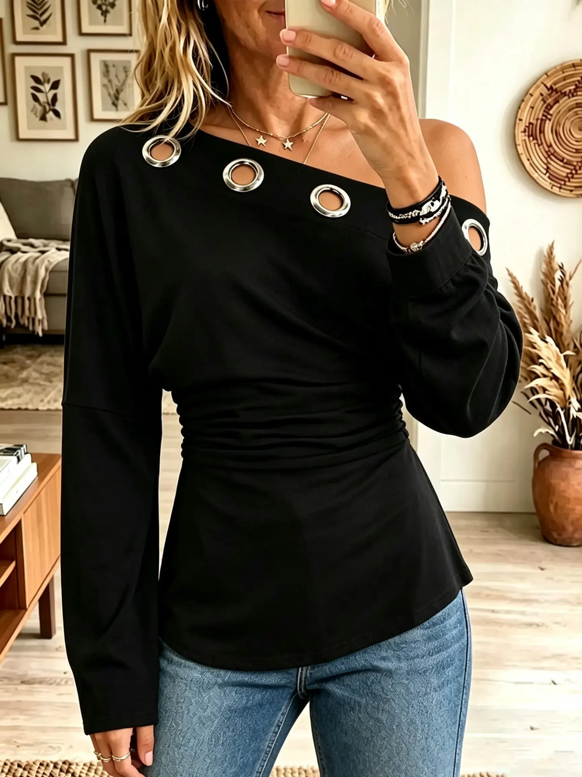 Women's Grommet One-Shoulder Ruched Waist Top
