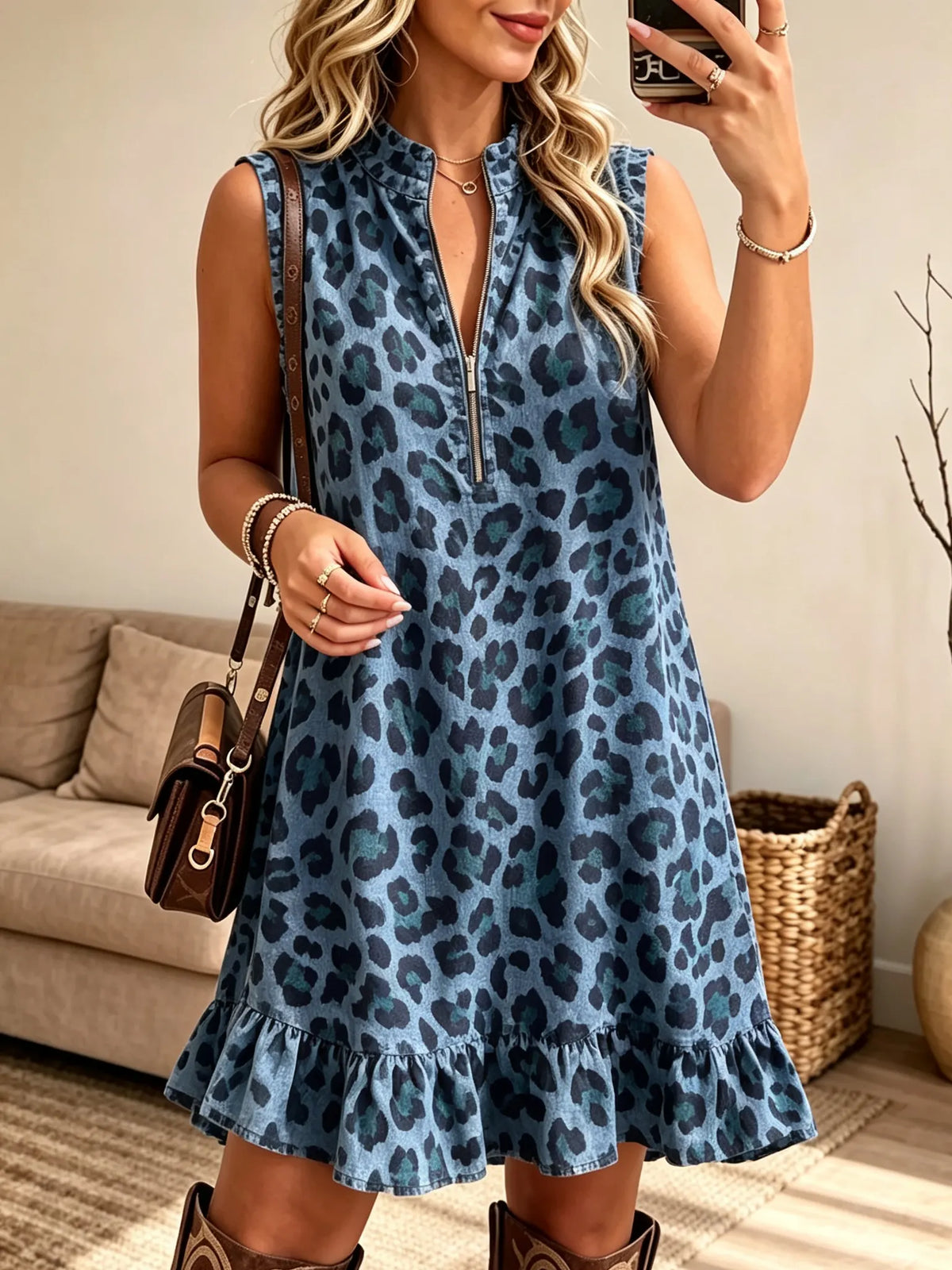 Women's Leopard Print Half-Zip Dress