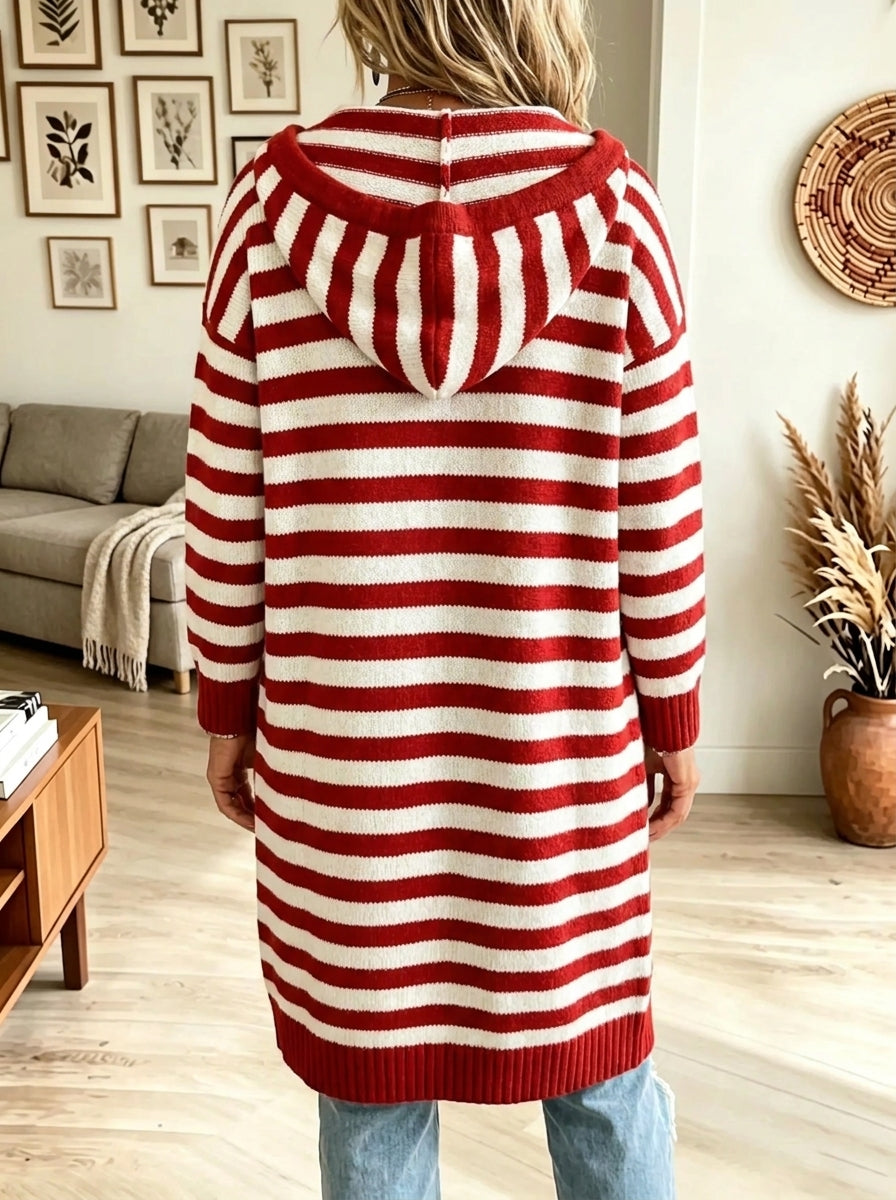 Women's Striped Hooded Longline Knit Cardigan Coat