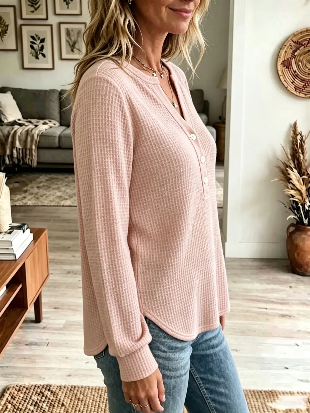 Women's Waffle Knit Henley Top
