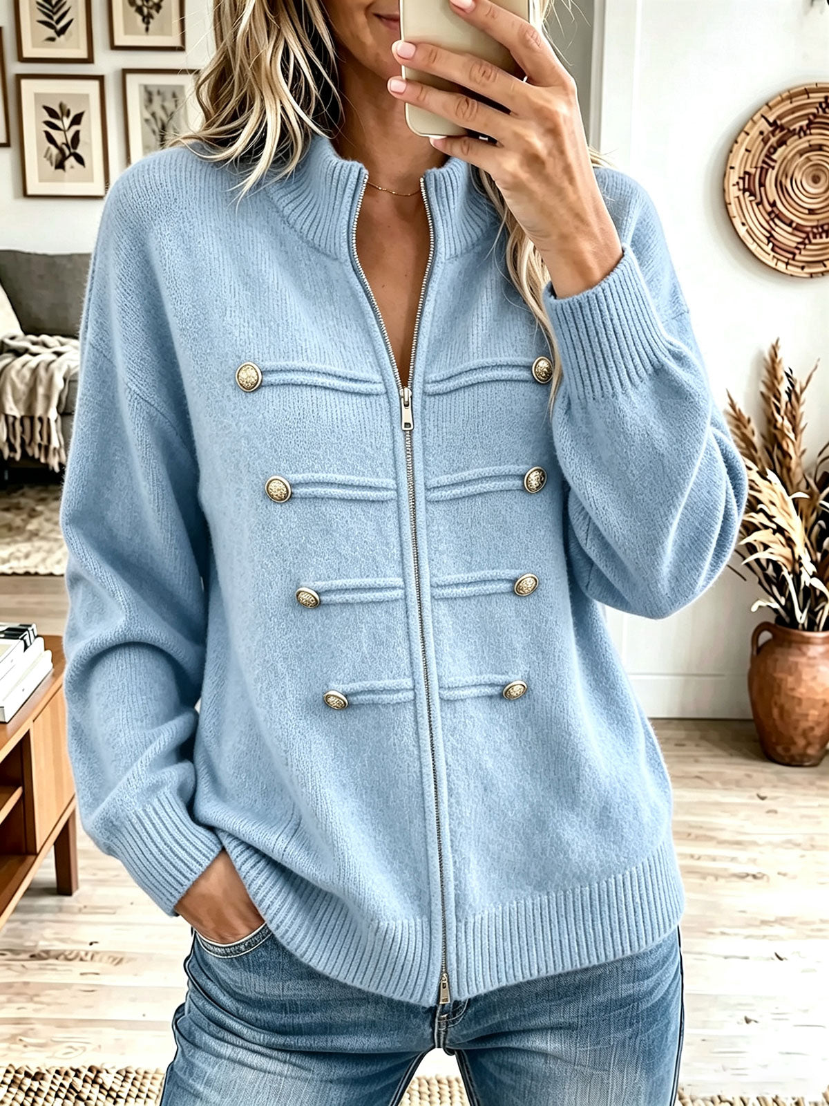 Women's Zip Up Mock Neck Knit Cardigan, Decorative Gold Button Long Sleeve Sweater Jacket