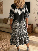 Women Tie‑Dye Leopard Mix Print Ruffle Midi Dress Loose Pocket Casual Summer Dress