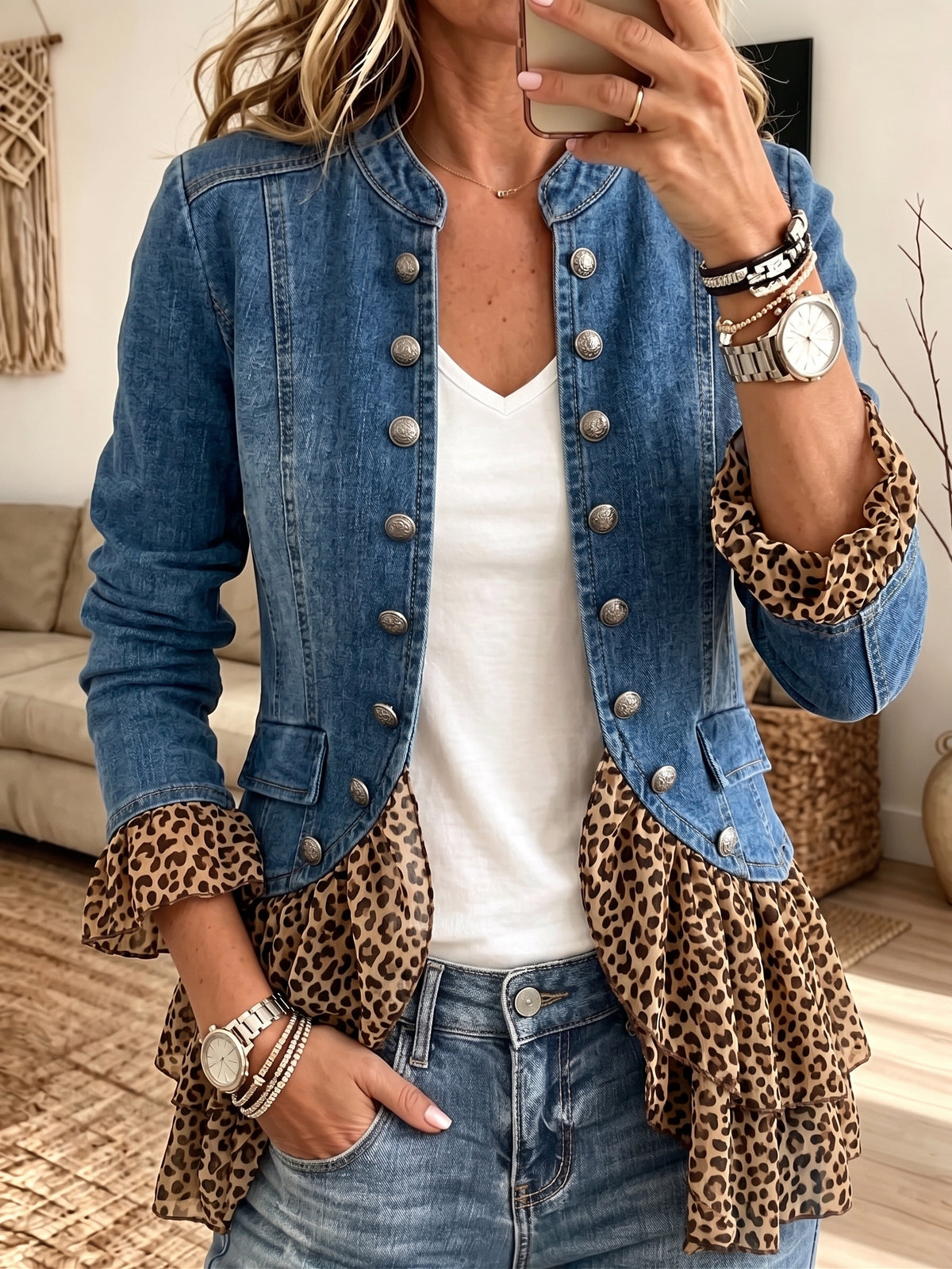 Women Stand Collar Denim Jacket Leopard Ruffle Hem Spliced Button Down Outerwear