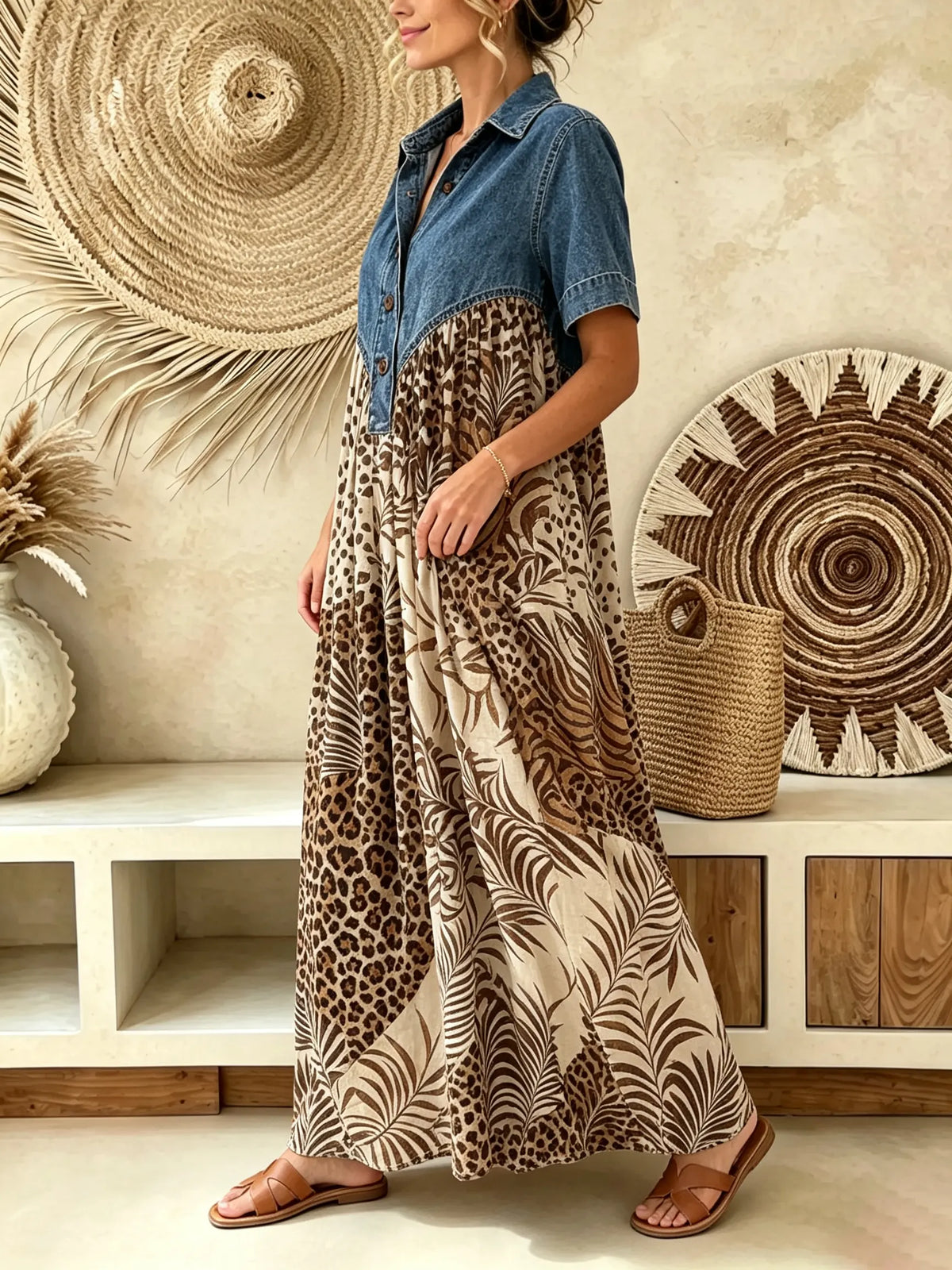 Women Leopard Palm Leaf Print Short Sleeve Denim Spliced Maxi Dress
