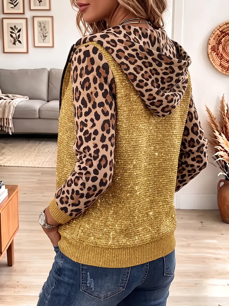 Vintage Elegant Leopard Print Patchwork Sparkly Knit Jacket
