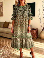 Retro Leopard Pattern Art Print Casual Ruffle Stylish Cotton Linen Dress