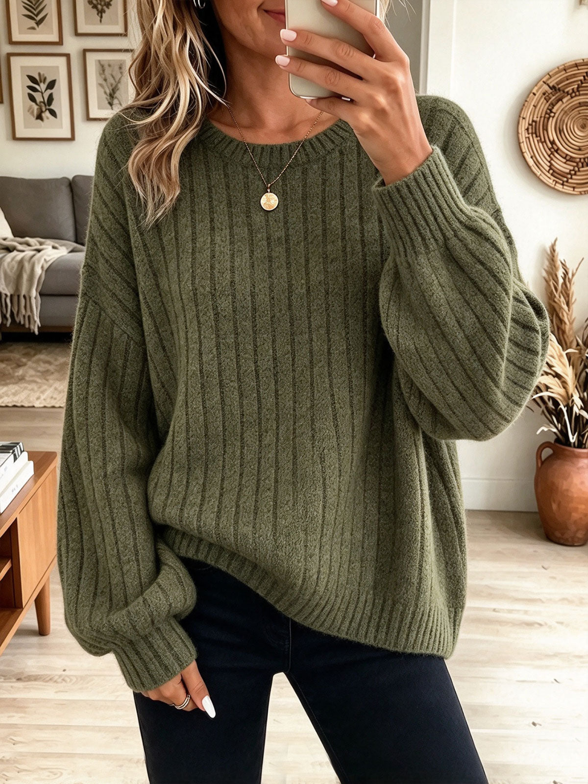 Women's Crewneck Vertical Ribbed Oversized Lantern Sleeve Knit Sweater