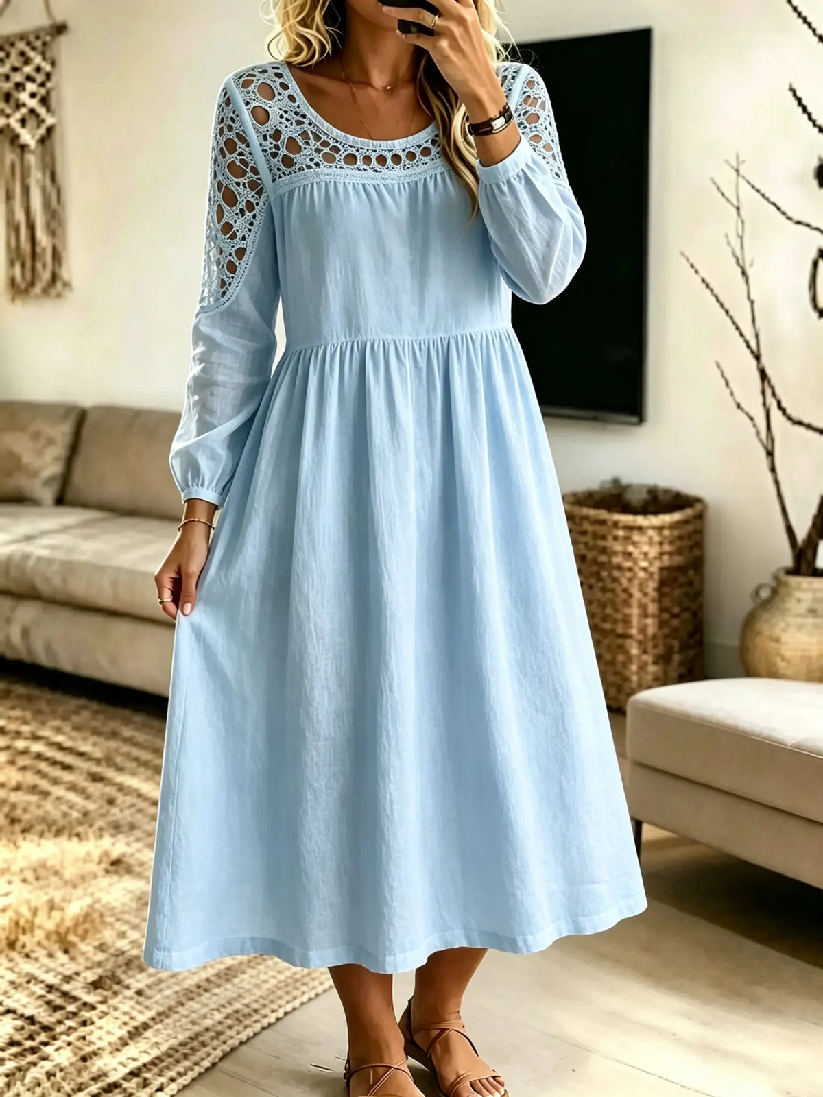 Women Hollow‑Out Spliced Solid Midi Dress