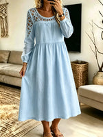 Women Hollow‑Out Spliced Solid Midi Dress