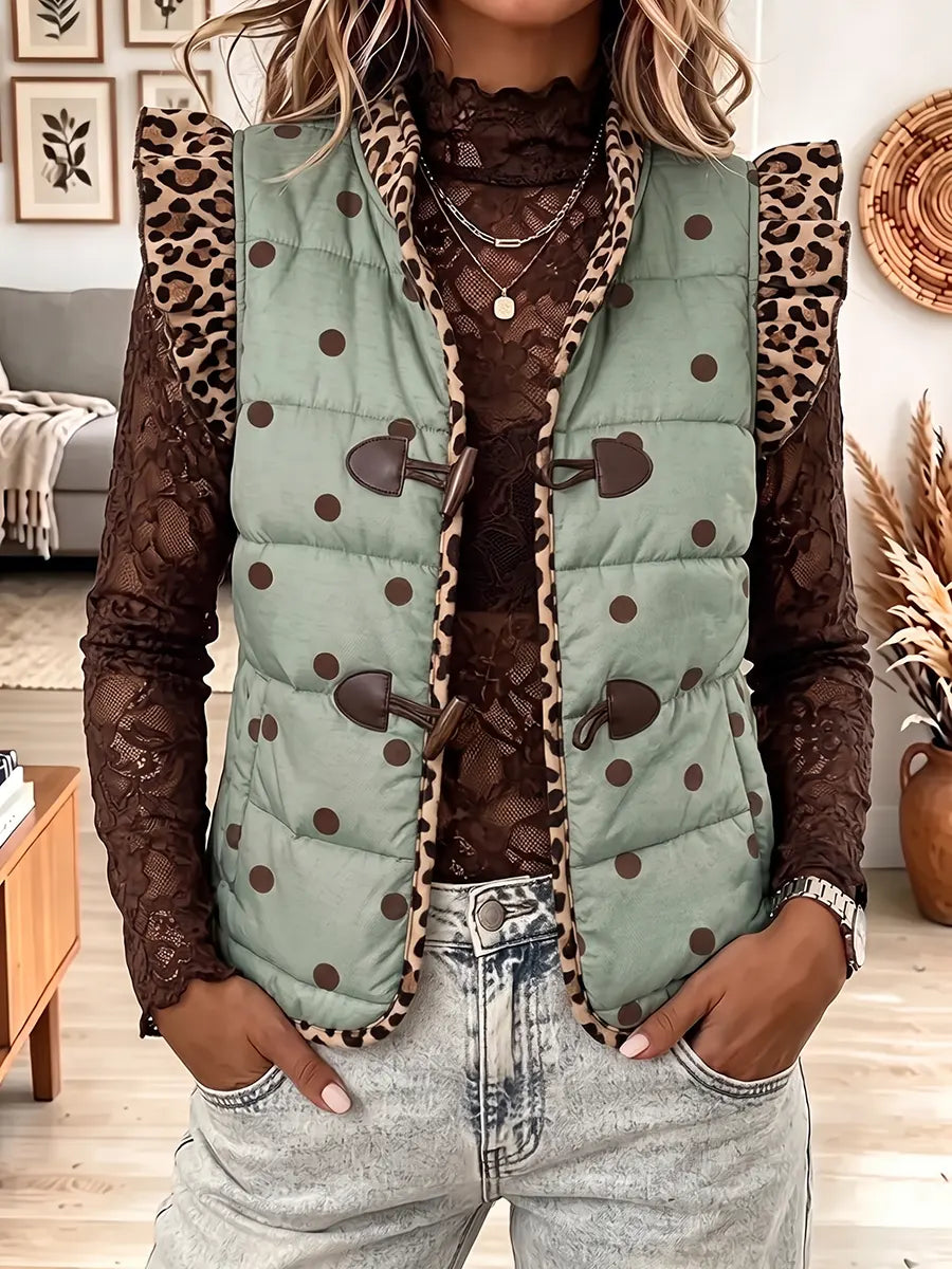 Vintage Elegant Leopard Print Patchwork Quilted Winter Jacket Vest