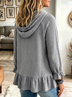 Vintage Elegant Hooded Waffle Knit Ruffle Shirt