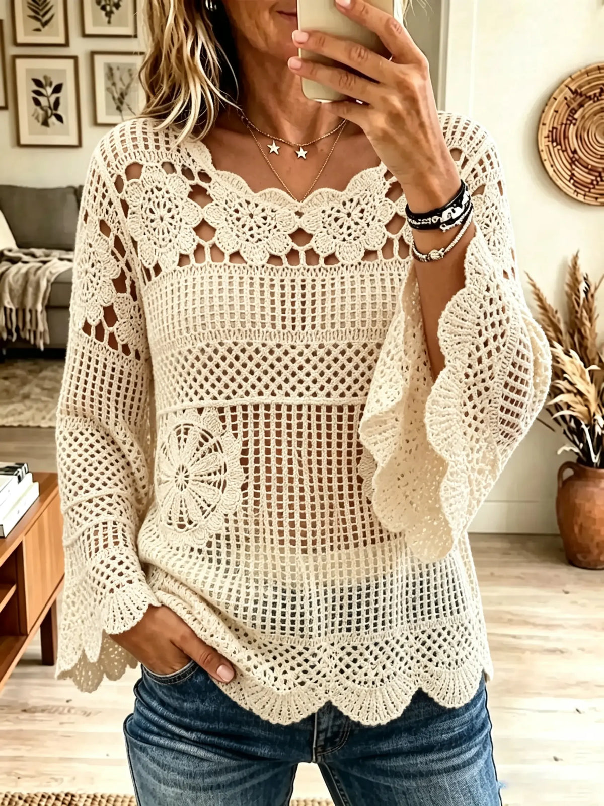 Women's Crochet Lace Flared Sleeve Scalloped Top