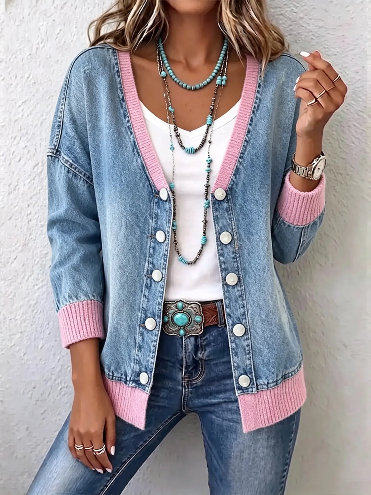 Women Rib‑Spliced Denim V‑Neck Cardigan