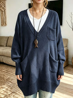 Women Oversized V‑Neck Multi‑Pocket Loose Long Knit Sweater