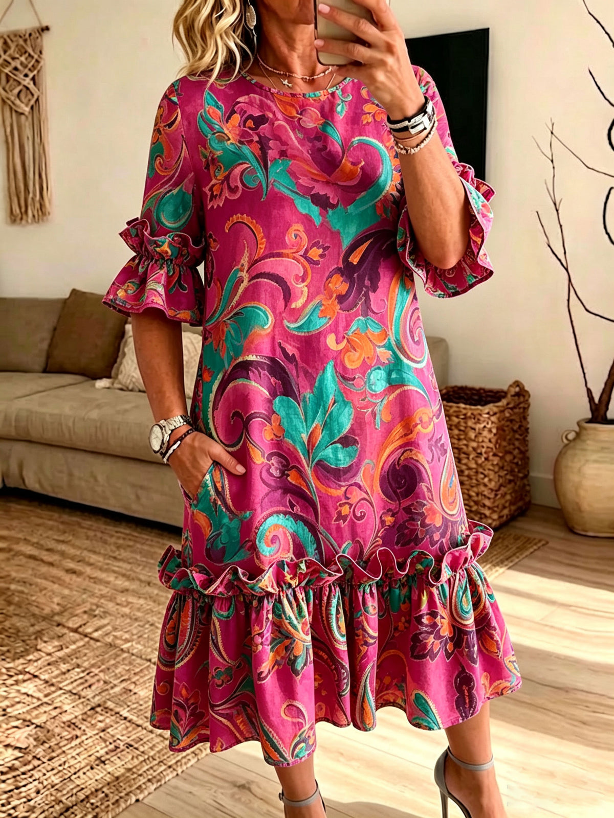 Women Vintage Floral Paisley Ruffle Midi Dress Loose Pocket Casual Summer Dress