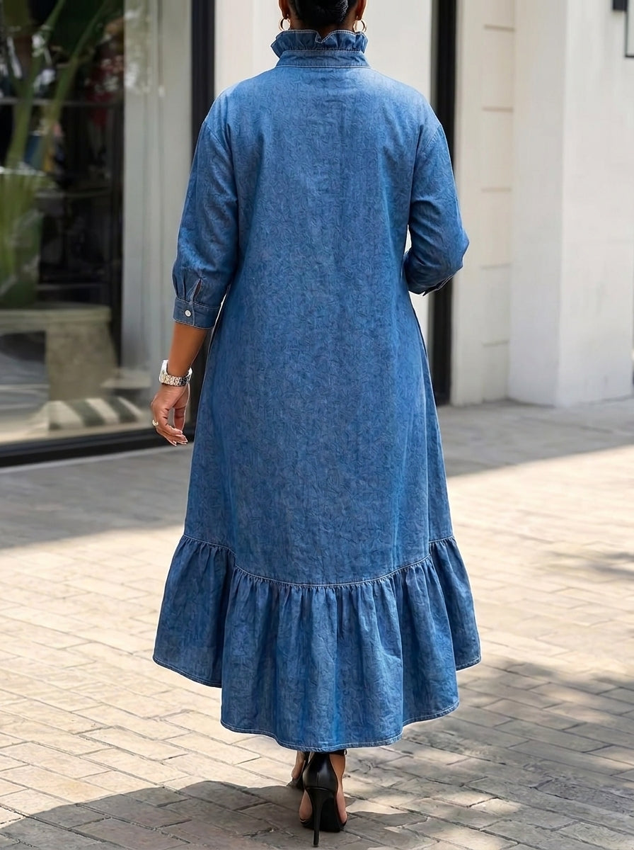 Women Ruffle Collar Denim Maxi Dress Long Sleeve Button Down Hi‑Low Hem Shirt Dress