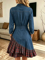 Women's Plaid Asymmetrical Hem Denim Shirt Dress