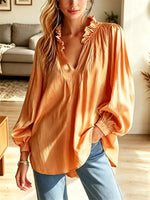 Elegant Solid Color Ruffle Art Stylish Casual Long Sleeve Cotton Linen Shirt