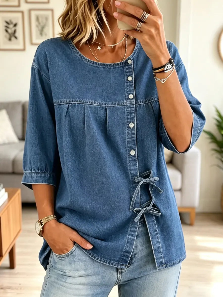 Retro Round Neck Art Button Casual Stylish 3/4 Sleeve Denim Shirt