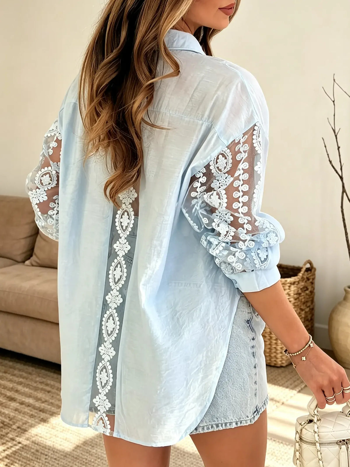 Women's Embroidered Lace Insert Button-Down Shirt