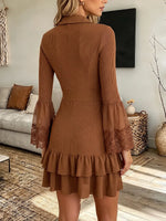Vintage Elegant Lapel Patchwork Ruffle Lace Mesh Dress