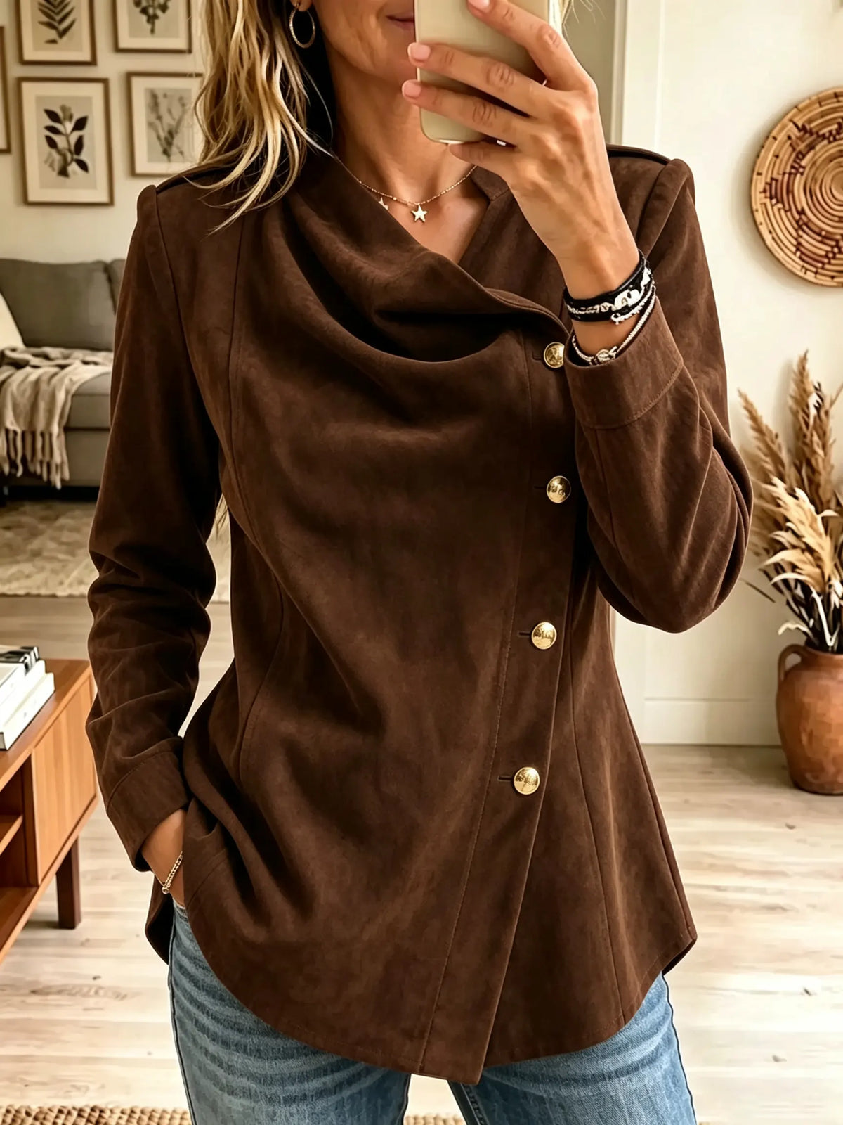 Women's Asymmetrical Button Draped Faux Suede Blouse