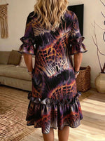 Abstract Tribal Print Ruffle Sleeve Midi Dress With Pockets