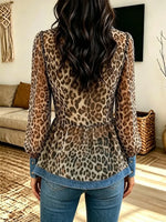 Retro Chic Long Sleeve Leopard Pattern Casual Stylish Denim Patchwork Shirt