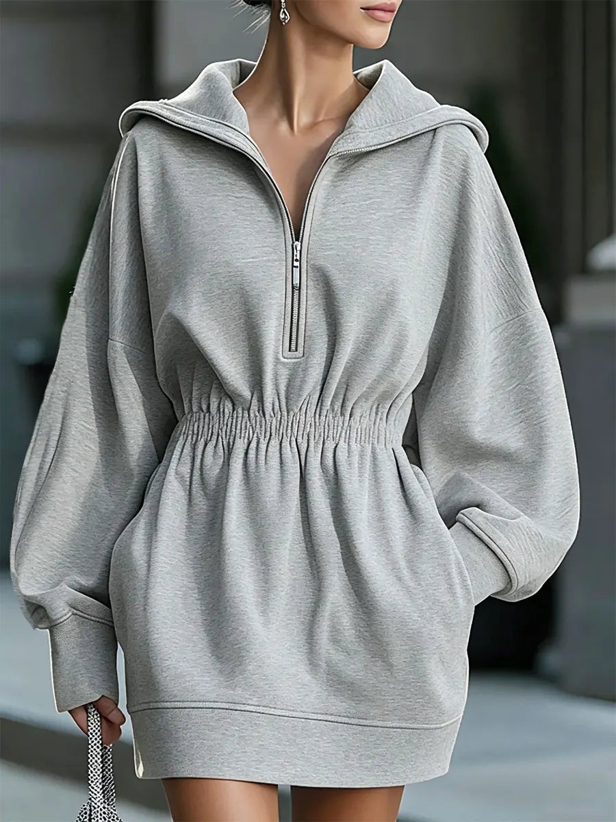 Retro Solid Color Hooded Art Casual Stylish Short Sweatshirt Mini Dress