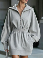 Retro Solid Color Hooded Art Casual Stylish Short Sweatshirt Mini Dress