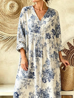 Retro Floral Pattern Art Print Casual V-neck Cotton Linen Maxi Dress
