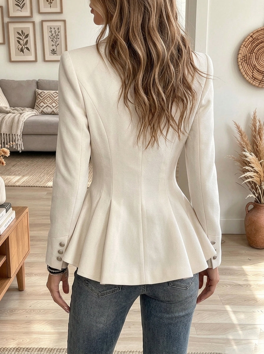 Women's Cream Double-Breasted Peplum Blazer Jacket with Lapel Collar